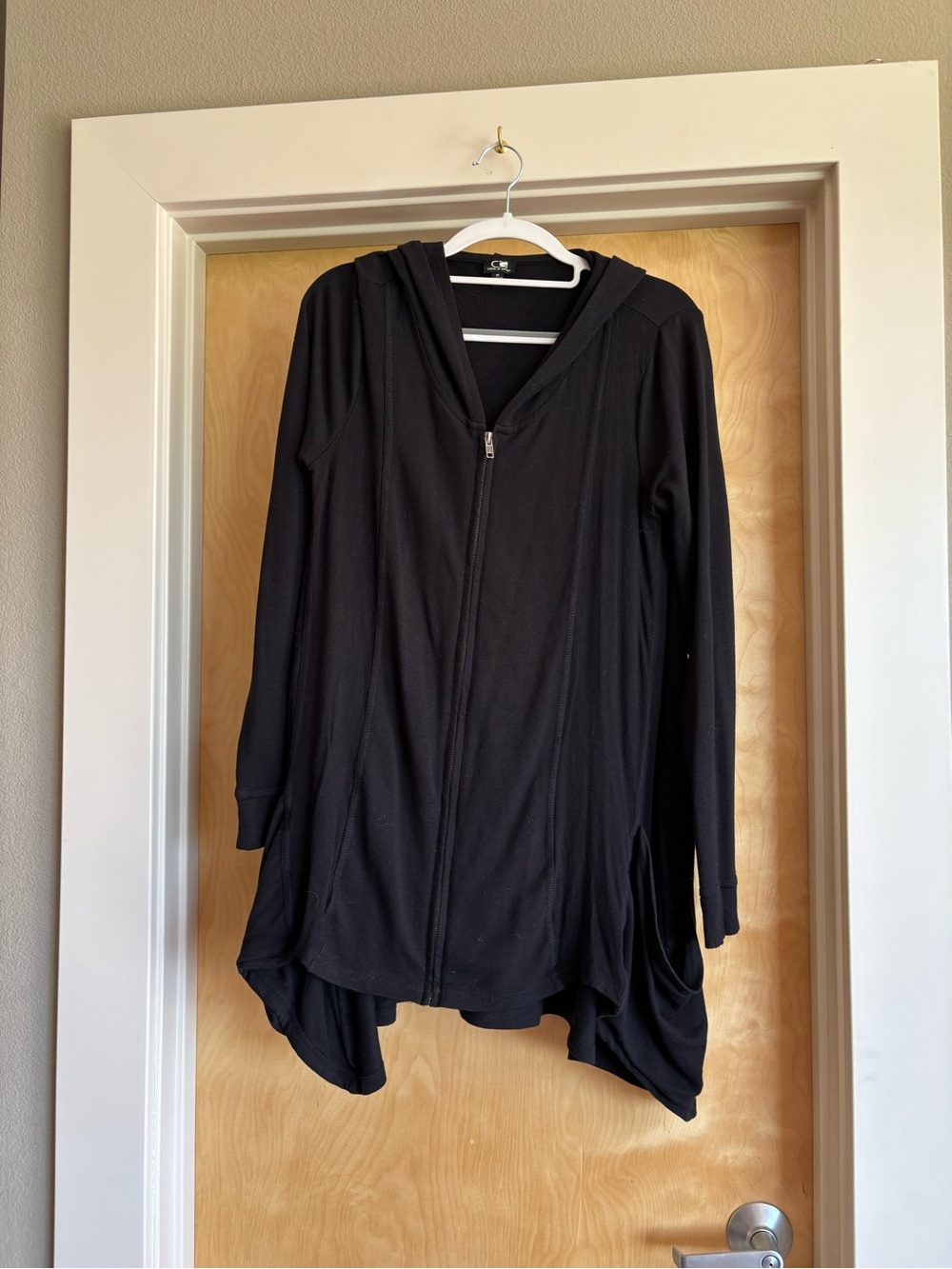Black Hooded Zip Cardigan Waterfall Drape Ribbed Long Sleeve Jacket M